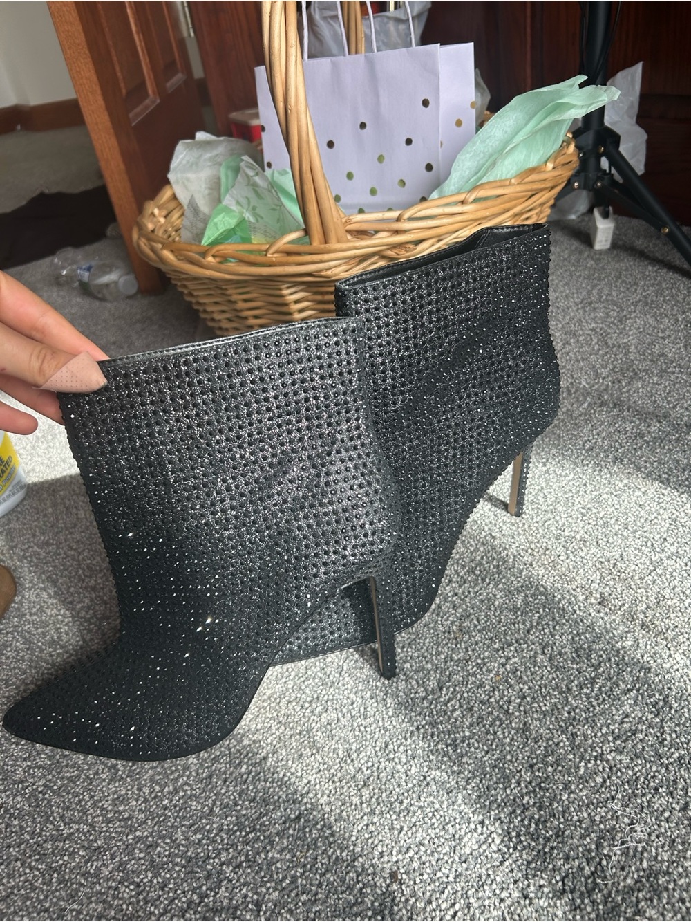 Black Crystal Embellished Stiletto Ankle Boots